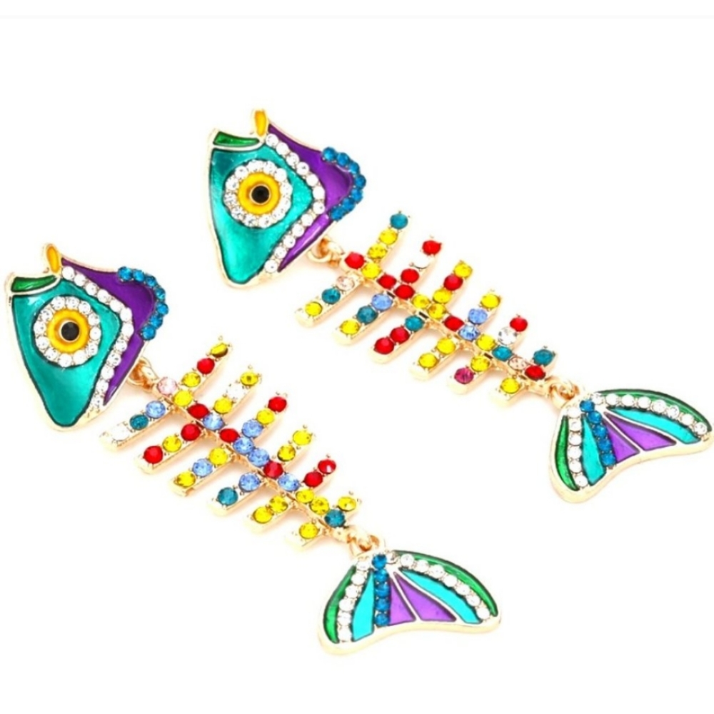 Callie Prosperity Wishbone Multi Rhinestone Blingy Fishbone Earrings - Picture 6 of 7